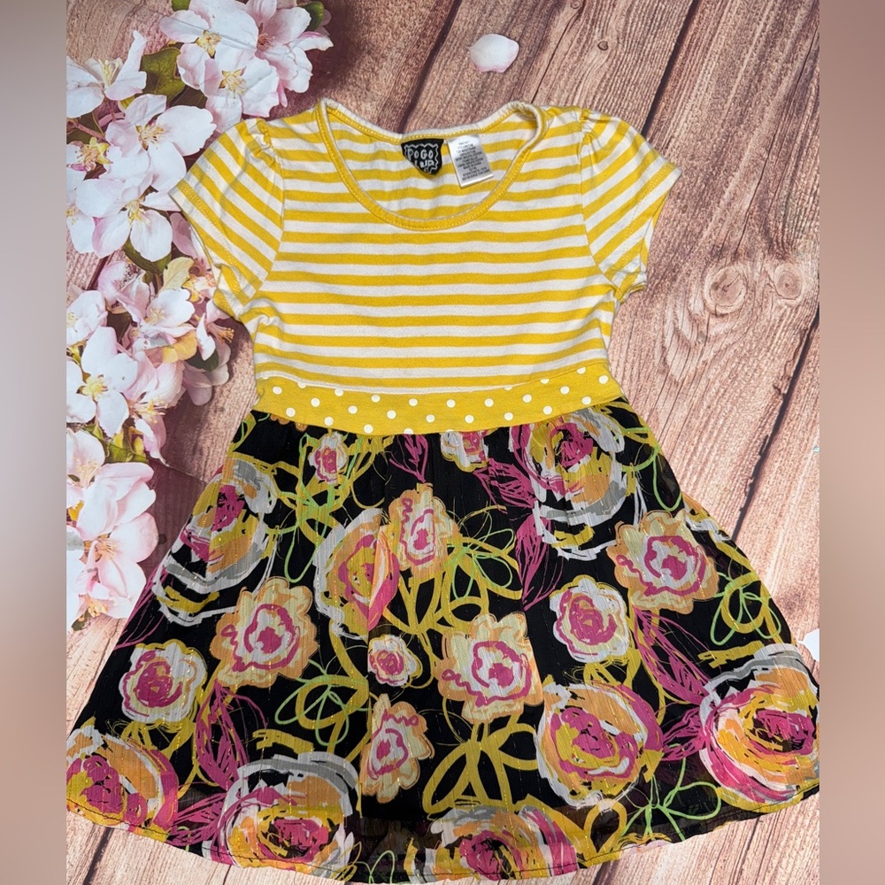 Vibrant Yellow Striped Floral Kids Dress